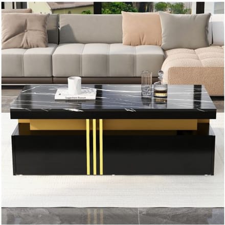 Table basse moderne - MUVOE - Rectangulaire - 2 tiroirs en bois - Plateau en marbre - Brillant
