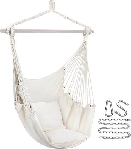 Hanging rocking chair - Comfortable cotton fabric - Portable indoor and outdoor use - Includes cushions