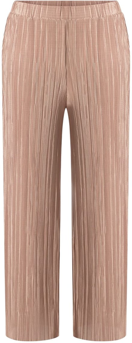 Ulla Popken - Dames - Geplooide broek wijde pijpen hoge taille elastische band - Lichtbruin - Maat 54+
