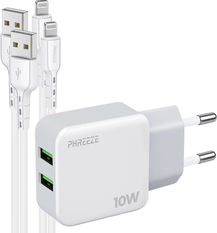 Phreeze usb adapter 10 W - Geschikt voor iPhone en iPad met Lightning kabel - Dubbele usb poorten - 2 kabels inbegrepen