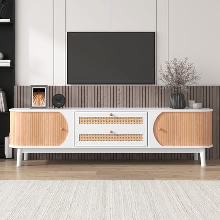Rotan TV-meubel 170 cm Wit – TV-kast met Deuren en Laden