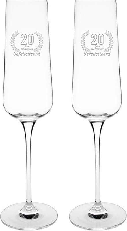 Gegraveerde set champagneglazen 27cl Gefeliciteerd 20 jaar getrouwd