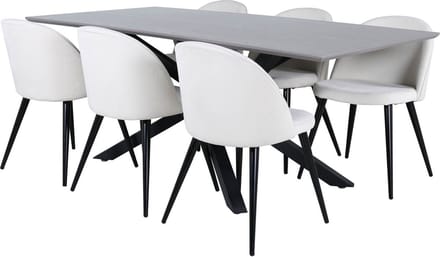 PiazzaGRBL eethoek eetkamertafel grijs en 6 Velvet eetkamerstal fluweel beige, zwart.