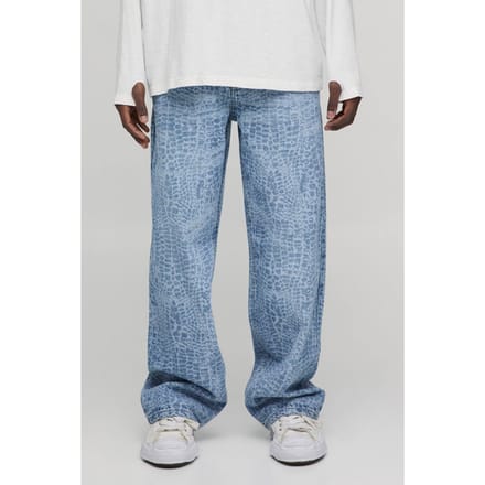 Croc Print Relaxed Fit Jeans | Mid Blue | Size 48