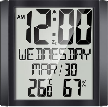 Grote digitale wandklok met datum en temperatuur