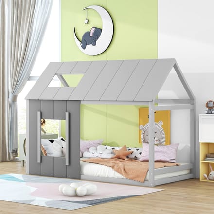 MODFU - Kinderbed 90x200 cm – Huisvorm met dak & raam – Grenenhout – Grijs