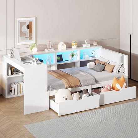 STILVORA Gestoffeerd bed 90x200 cm – Eenpersoonsbed Met Opbergruimte & Ladestation (USB/Stopcontact) – MDF;Multiplex – Wit – Zonder matras