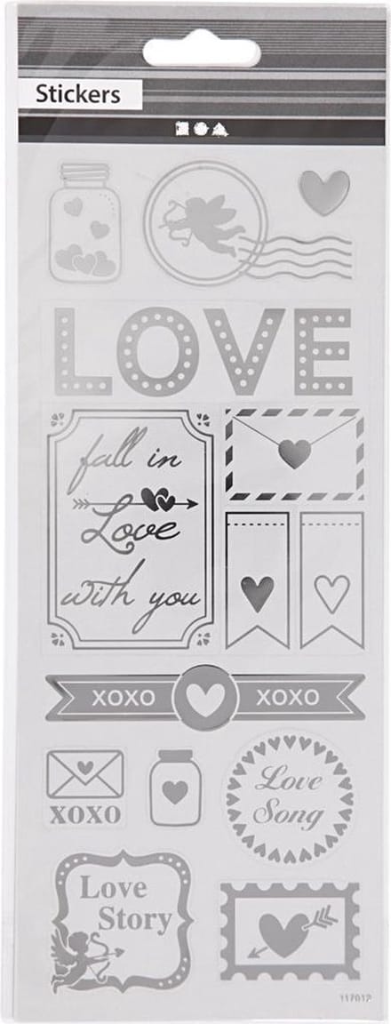 Stickers, love, vel 10x24 cm, ca. 14 stuk, zilver, 1 vel