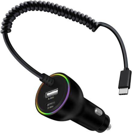 USB C Autolader met 35W PD en 30W Coiled Kabel voor iPhone, Samsung, iPad en Android Apparaten
