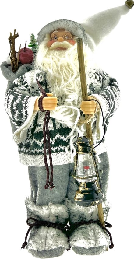 Luxe Afgewerkte Kerst Decoratie Kerstman Staand Wit/Grijs 30cm