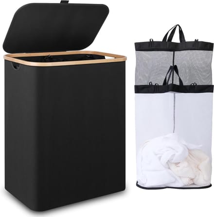 Florixa® Wasmand 2 Vakken - Wasmand - Wassorteerder - Zwart - 57cm x 37cm x 70cm