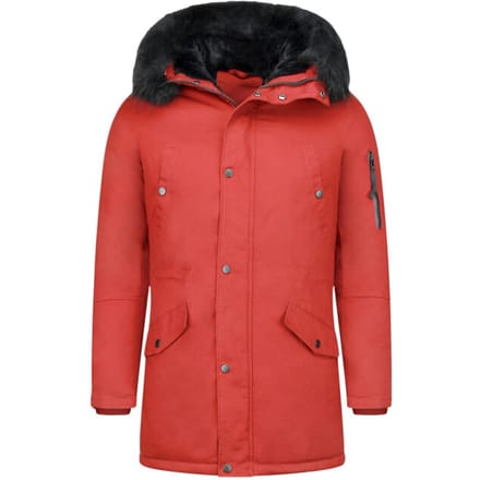Lange Heren Winterjas - Met Faux Bontkraag - Rood