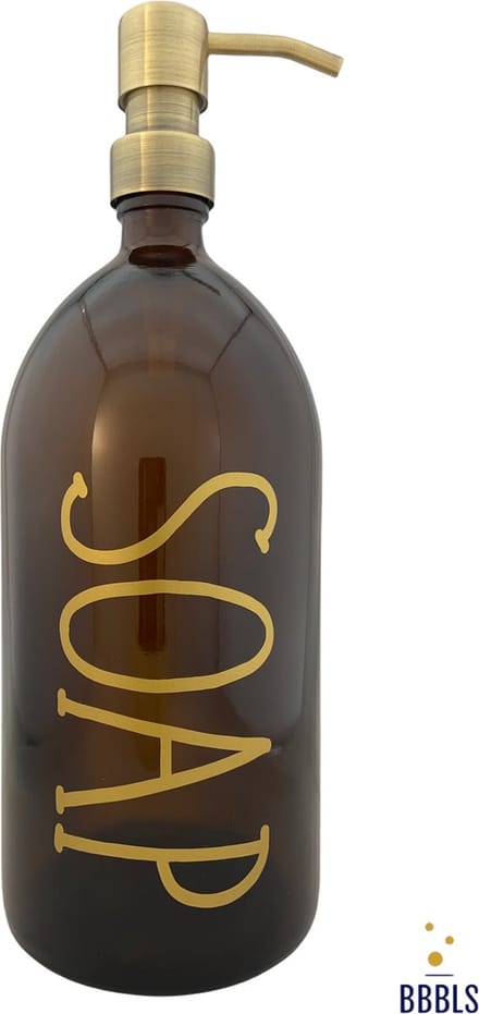BBBLS® Design Dispenser "Soap" | Bruin Glas | 1 liter | RVS / Metaal Pomp Goud | Zeeppomp | Zeepdispenser | Zeephouder