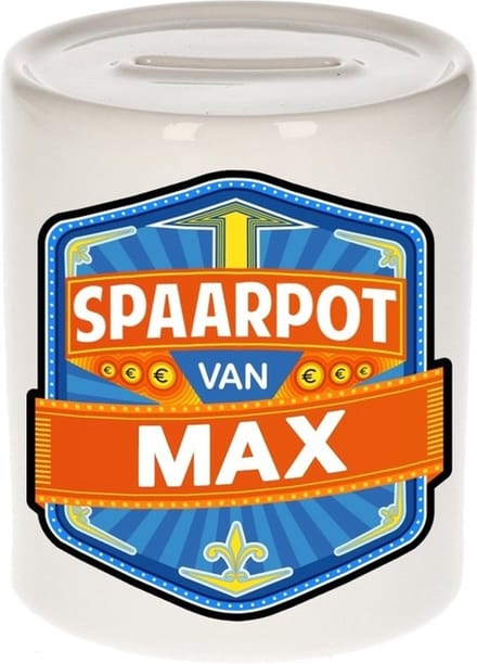 Bellatio Decorations Kinder spaarpot met naam - Max - keramiek - met dop - wit - Sparen - Spaargeld van Max