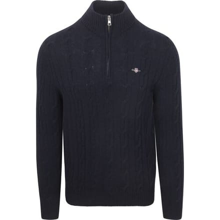 Gant Halfzip Lamswol Trui Cable Navy - Maat XXL - Heren - Quarter zip