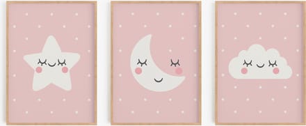 Babykamer/kinderkamer posters - 3 Posters - Roze - 30x40 cm - Wolk, ster, maan
