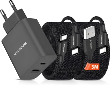 Snellader 2 Poorten met USB C Kabels 3 Meter - Universeel