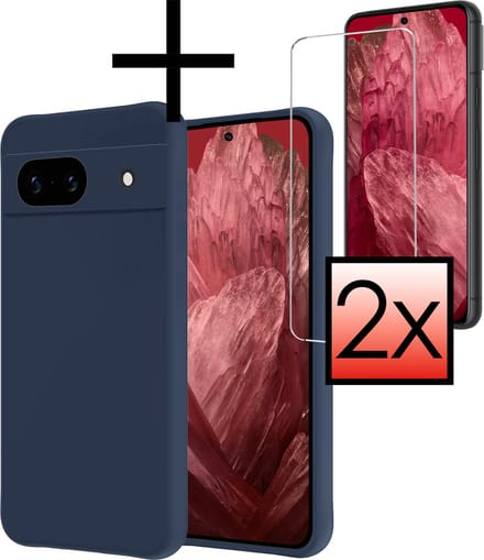 Hoesje - Met 2x Screenprotector - Geschikt voor Google Pixel 8a - Sterk & Shockproof - Back Cover - Siliconen Case - Telefoon Hoes - Donkerblauw