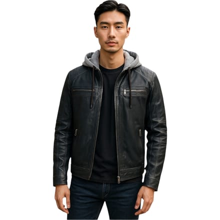 Heren blauwe capuchon biker lamsleren jas - Ingham
