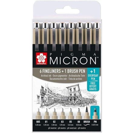 Sakura Pigma Micron Fineliners - Etui Promotieset - 7 fineliners Zwart en 1 Pigma Micron PN
