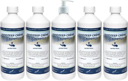 Handzeep Crème Eucalyptus 500 ml - set van 5 stuks - met gratis pomp - Voordeelverpakking
