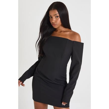 boohoo Dames Boxy bandeau met lange mouwen, getailleerde mini-jurk | Zwart | Maat: 36