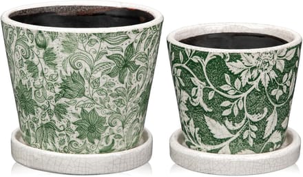 Omgoods - Set van 2 Groene en Witte Keramische Bloempotten met Drainagegaatjes