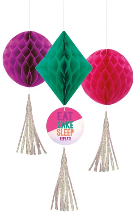 AMSCAN - 3 honingraatdecoraties "Birthday Vibes" met pompons
