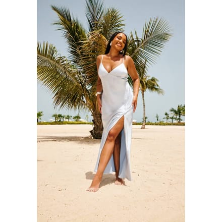 boohoo Dames Plus Bruidsmeisje Satijn Jurk met Bandjes Maxi | Blauw | Maat: 46