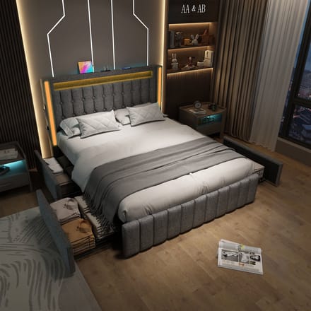 REDOM gestoffeerd bed 160x200 cm – Linnen grijs – 4 opberglades, USB/Type-C, smart LED – Draagvermogen 200 kg