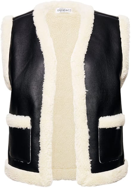 Studio Untold - Dames - Vest korte A-lijn bontlook met imitatieleer - Zwart - Maat 46+