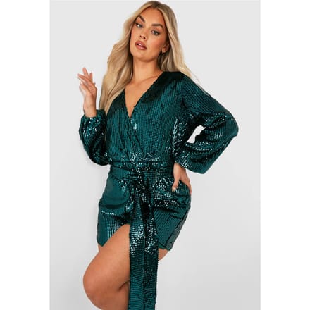 boohoo Dames Plus Velvet Sequin Tie Waist Playsuit | Evergreen | Maat: 28
