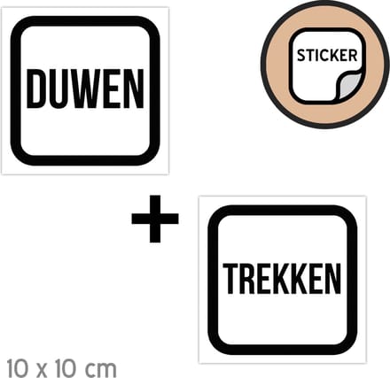 Deursticker set | "Duwen"/ "Trekken" | 10 x 10 cm | Wit/ zwart | Sticker | Vierkant | Deur | Openbaar gebouw | 1 + 1 stuk