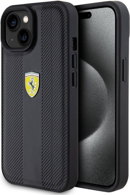 Ferrari Hot Stamp Groove Pattern Back Case - Geschikt voor Apple iPhone 15 (6.1") - Zwart