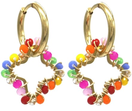 Oorbellen - Klaver met Glaskralen - RVS - 2,6 cm - Goudkleurig en Multicolor