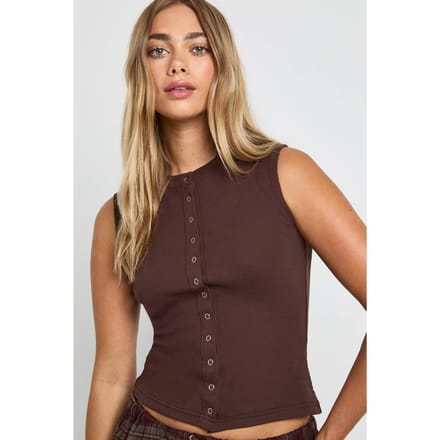 boohoo Dames Geribbelde Popper Top met geintegreerde hals en lange snit | Chocolate | Maat: 8