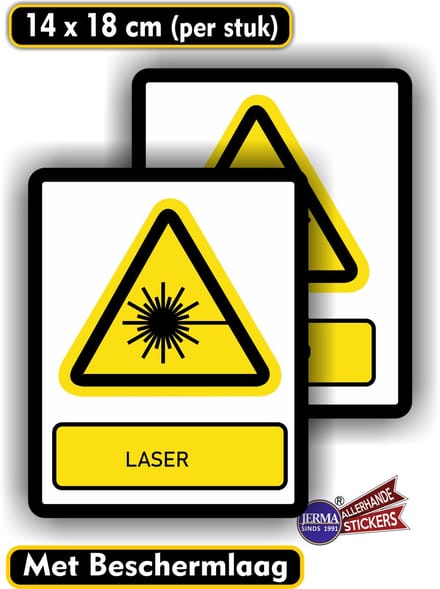 Jerma - Laserstraal - Stickers - set 2 stuks - 14 x 18 cm - ISO 7010 - Weerbestendig - Zelfklevend