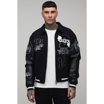 Lange Boxy Fit Melton & Pu Gemengde Stof Applicatie Varsity Jack | Black | Size Medium