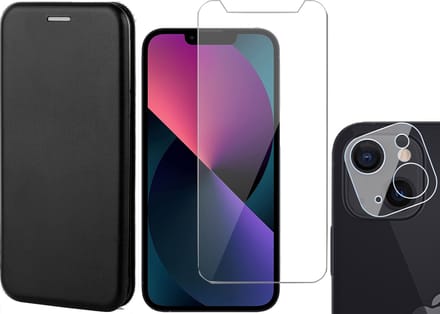 Hoesje geschikt voor iPhone 13 Mini - Portemonnee Book Case - Zwart - Met Screenprotector en Camera Screen Protector