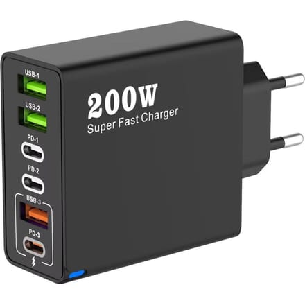 Chargeur de téléphone portable USB Type C 6 en 1 Total 200W USB3.0 PD3.0 Charge Super Rapide Adaptateur d'alimentation pour iPhone Xiaomi Samsung eu plug noir