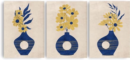 Kunstdruk Set - Bloemen Vaas - Woonkamer Decoratie - Getextureerd Papier - A4 Set 3 - Blauw