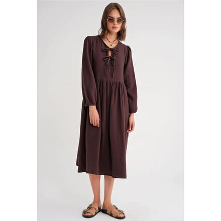 V-hals Midi-jurk met striksluiting