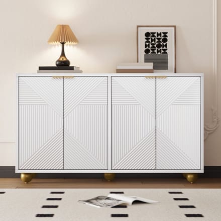 Lemlit Buffetkast 120 x 35 x 71,5 cm - Dressoir met 4 Reliëfdeuren en Verstelbare Planken - Gouden Handgrepen - Wit​