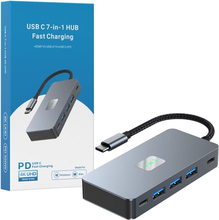 USB-C Hub - 7-in-1 Docking Station - 3x USB 3.0 - 2x HDMI 4K - 1x USB-C 5Gbps - 1X USB-C PD 100W - USB Hub Laptop - Grijs