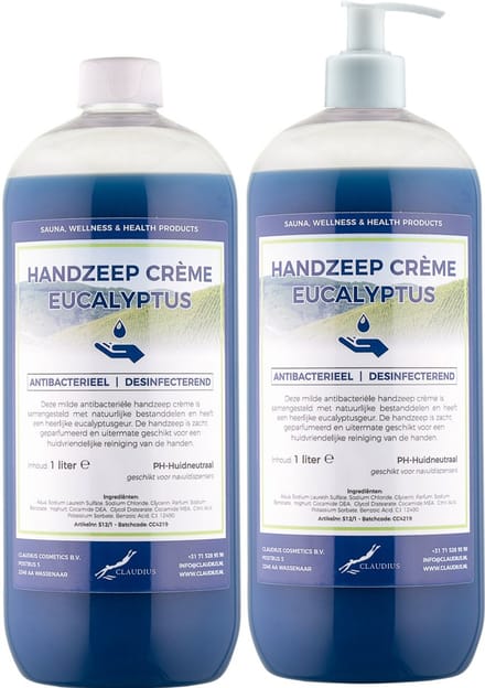 Handzeep Crème Eucalyptus 1 liter - set van 2 stuks - met gratis pomp - Voordeelverpakking