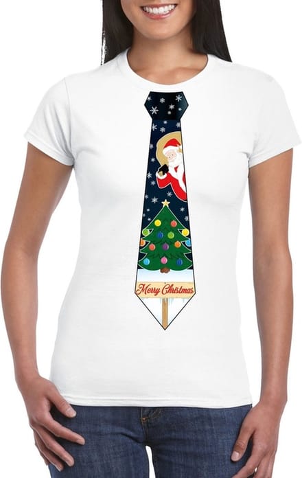 Fout kersttrui t-shirt - wit - met kerstboom stropdas print - voor dames M