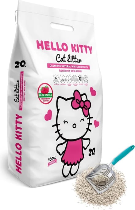 HELLO KITTY 20LT FIJNKORRELIGE WITTE BENTONIET AARDBEI GEURENDE KATTENBAKVULLING