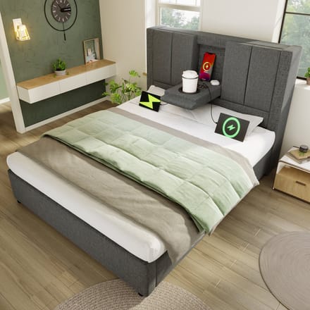 MODFU Bedframe 90x200 cm – Linnen met verborgen bekerhouder & laadstation – Hydraulisch – Grijs