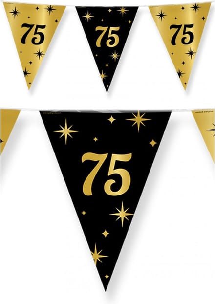 75 jaar Leeftijd verjaardag vlaggetjes - zwart/goud - 10 meter - versiering - feestartikelen