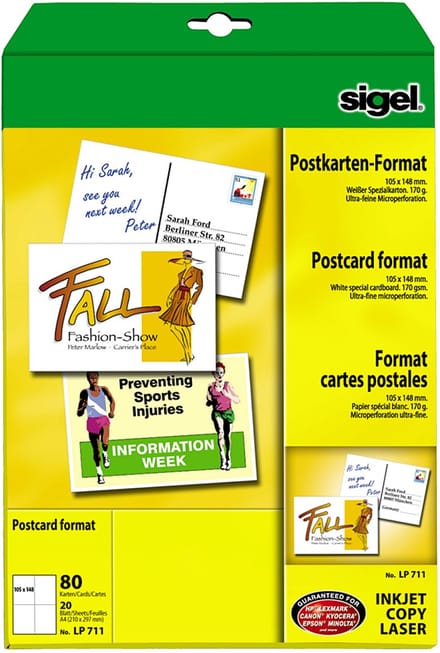 Postkaart Sigel A4 170gr - 20 vel 4st A6 per A4 met LP MP
